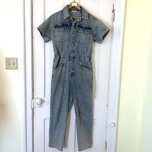 Polagram Faded Denim Blue Jean 6 Pocket Jumpsuit Short Sleeve Button Down L